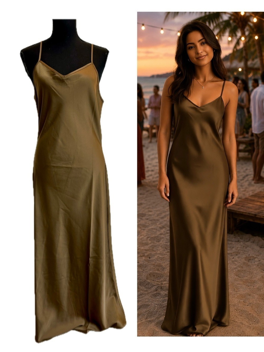 Olive Satin Slip Maxi Dress